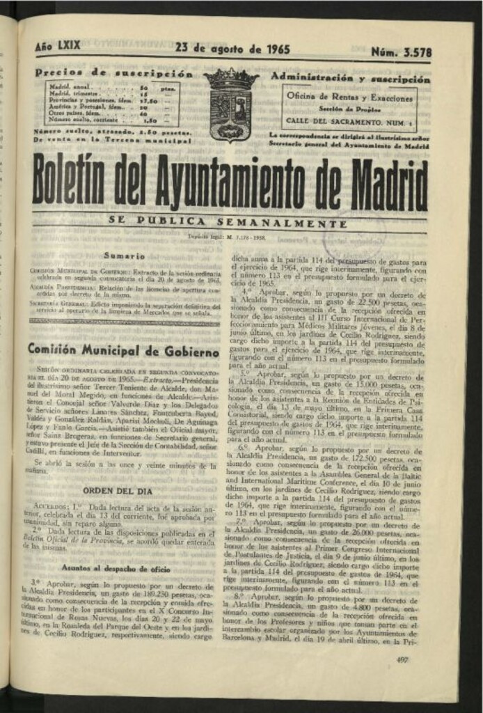 Miniatura de Boletín oficial del Ayuntamiento del 23 de agosto de 1965, nº 3578