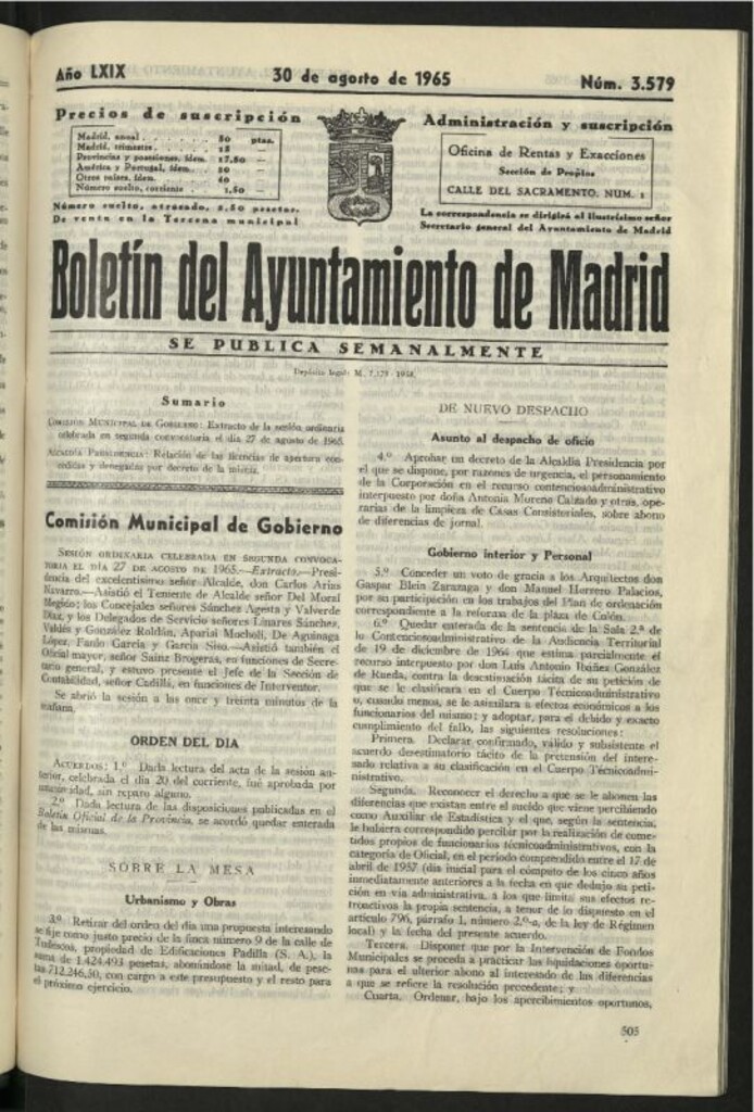 Miniatura de Boletín oficial del Ayuntamiento del 30 de agosto de 1965, nº 3579