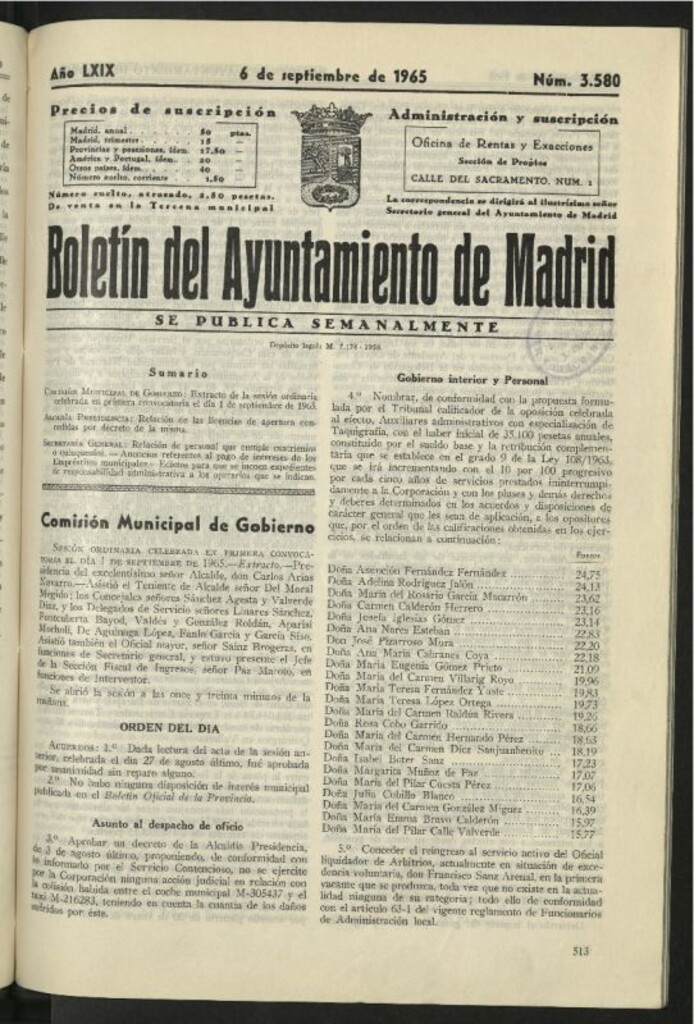 Miniatura de Boletín oficial del Ayuntamiento del 6 de septiembre de 1965, nº 3580