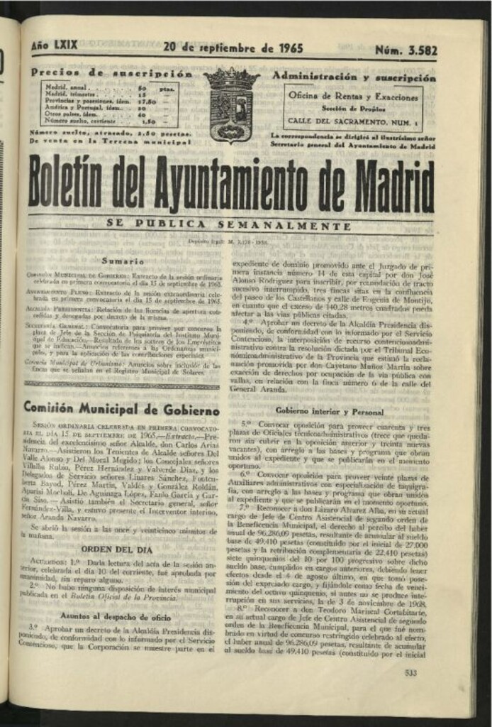 Miniatura de Boletín oficial del Ayuntamiento del 20 de septiembre de 1965, nº 3582