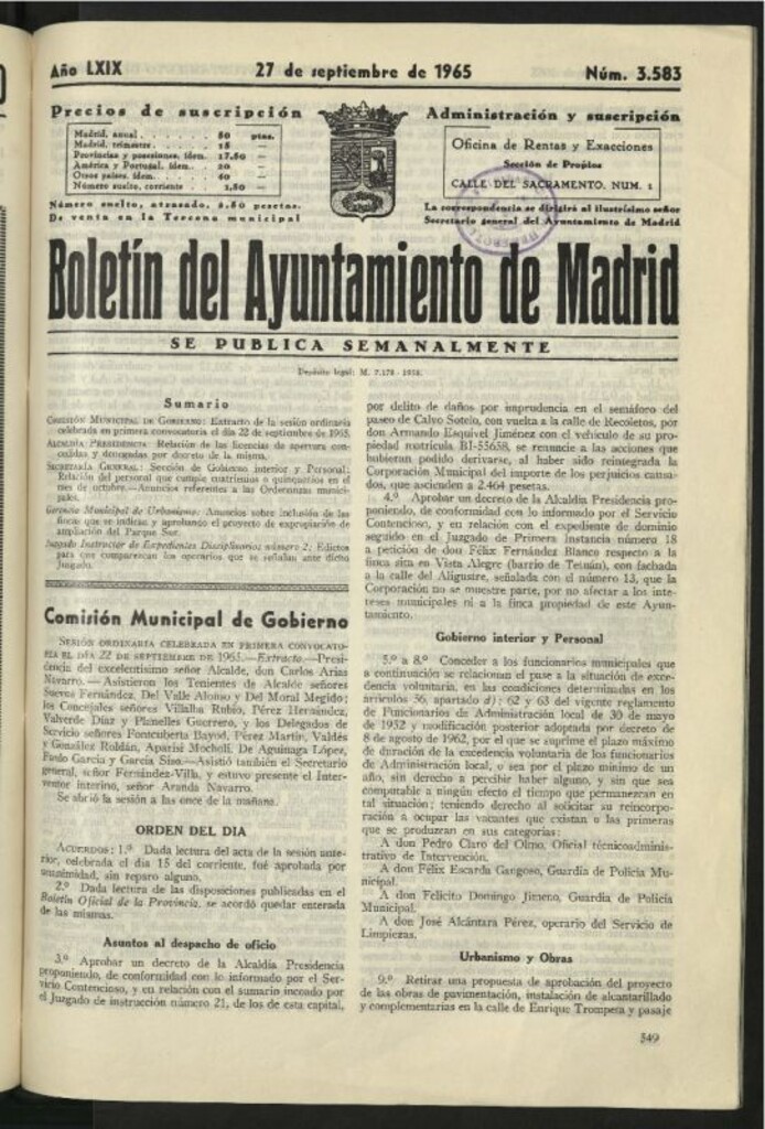 Miniatura de Boletín oficial del Ayuntamiento del 27 de septiembre de 1965, nº 3583