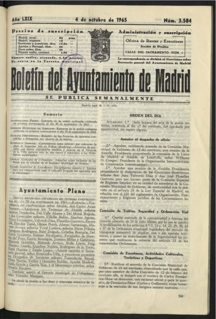 Miniatura de Boletín oficial del Ayuntamiento del 4 de octubre de 1965, nº 3584