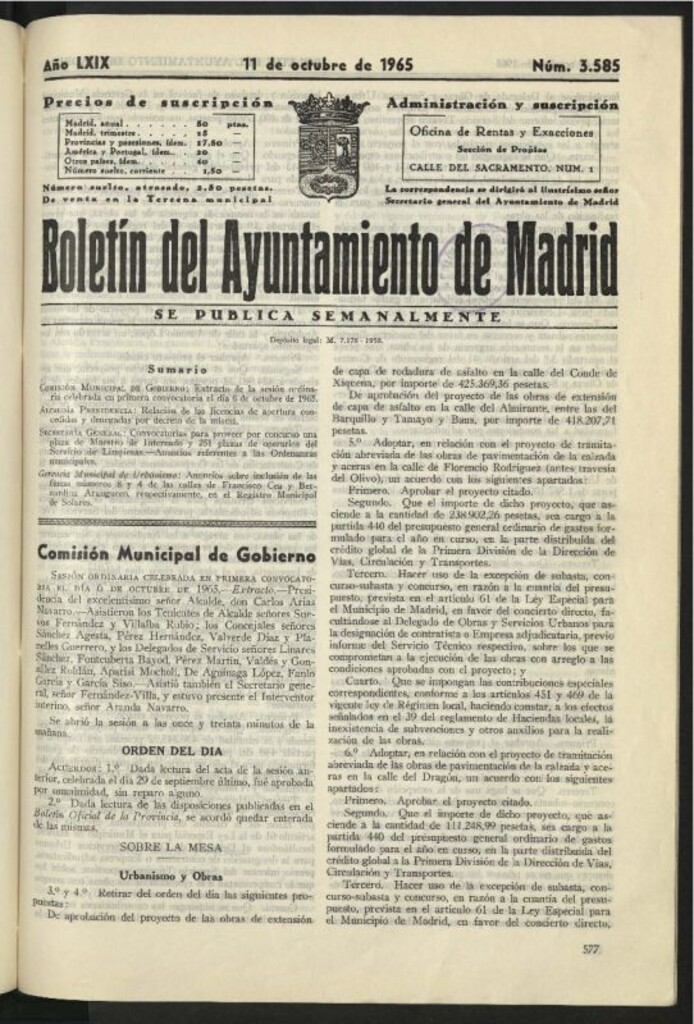 Miniatura de Boletín oficial del Ayuntamiento del 11 de octubre de 1965, nº 3585