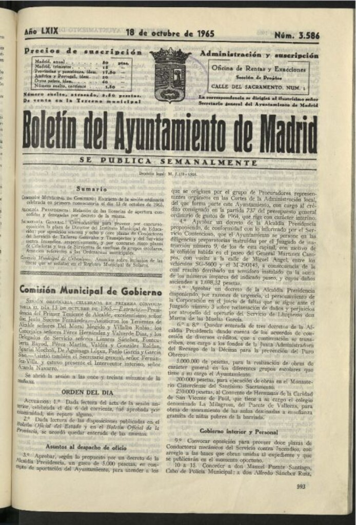 Miniatura de Boletín oficial del Ayuntamiento del 18 de octubre de 1965, nº 3586