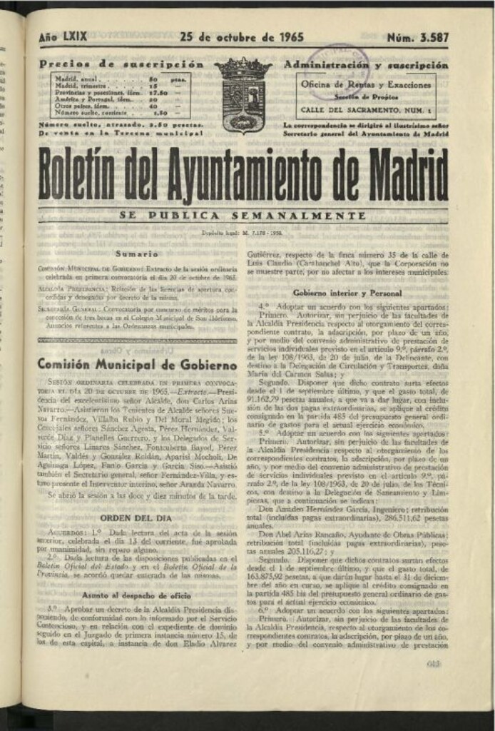Miniatura de Boletín oficial del Ayuntamiento del 25 de octubre de 1965, nº 3587
