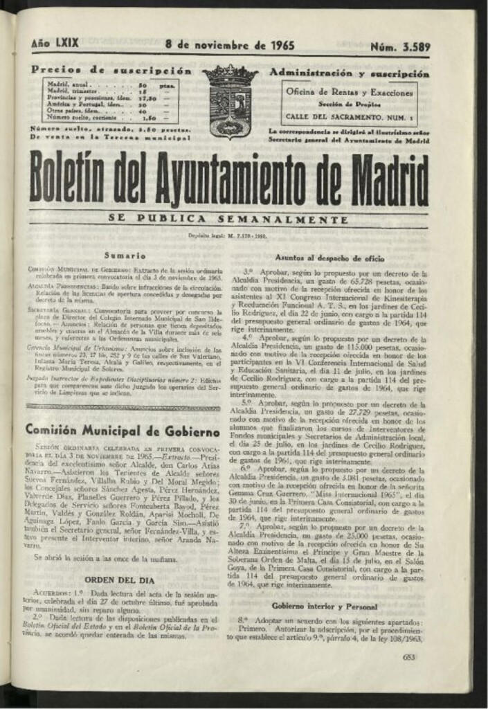 Miniatura de Boletín oficial del Ayuntamiento del 8 de noviembre de 1965, nº 3589