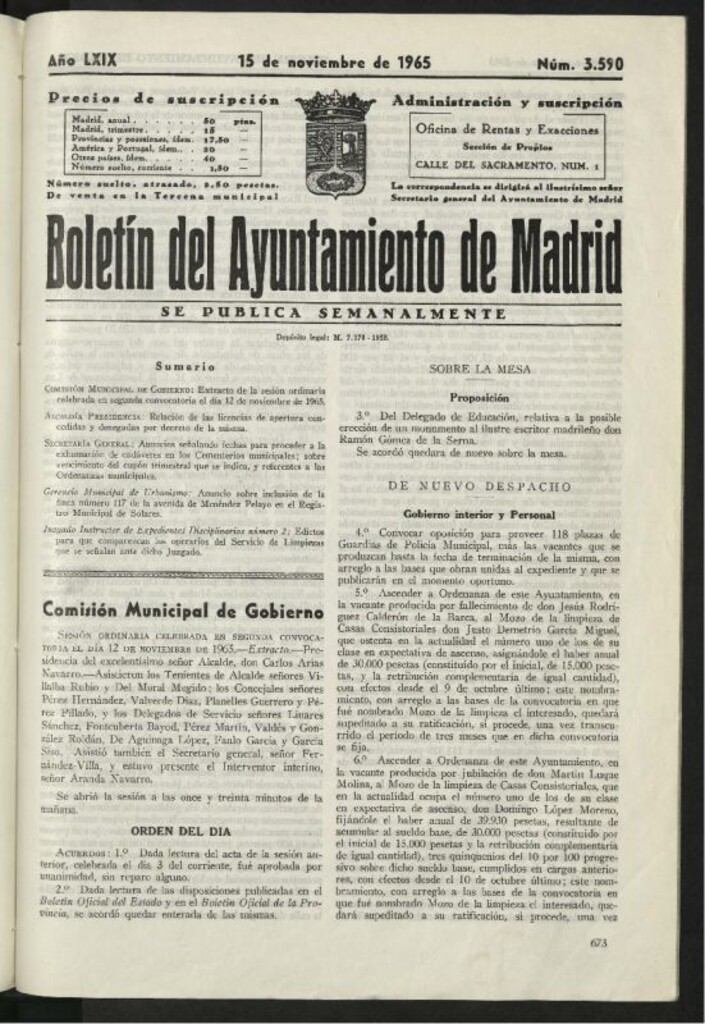 Miniatura de Boletín oficial del Ayuntamiento del 15 de noviembre de 1965, nº 3590