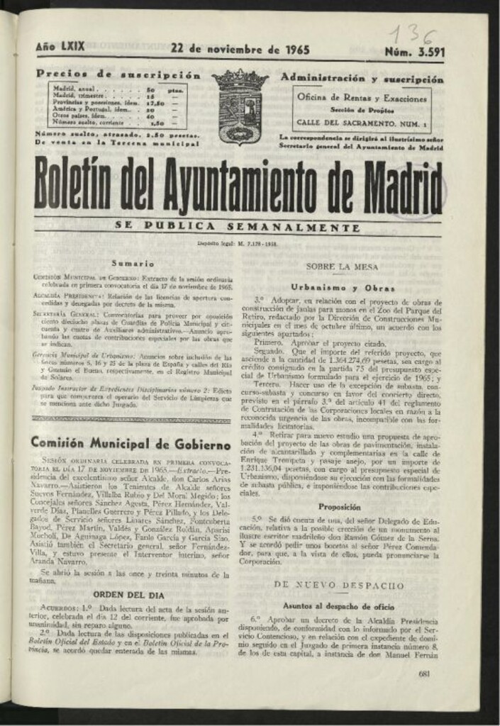 Miniatura de Boletín oficial del Ayuntamiento del 22 de noviembre de 1965, nº 3591