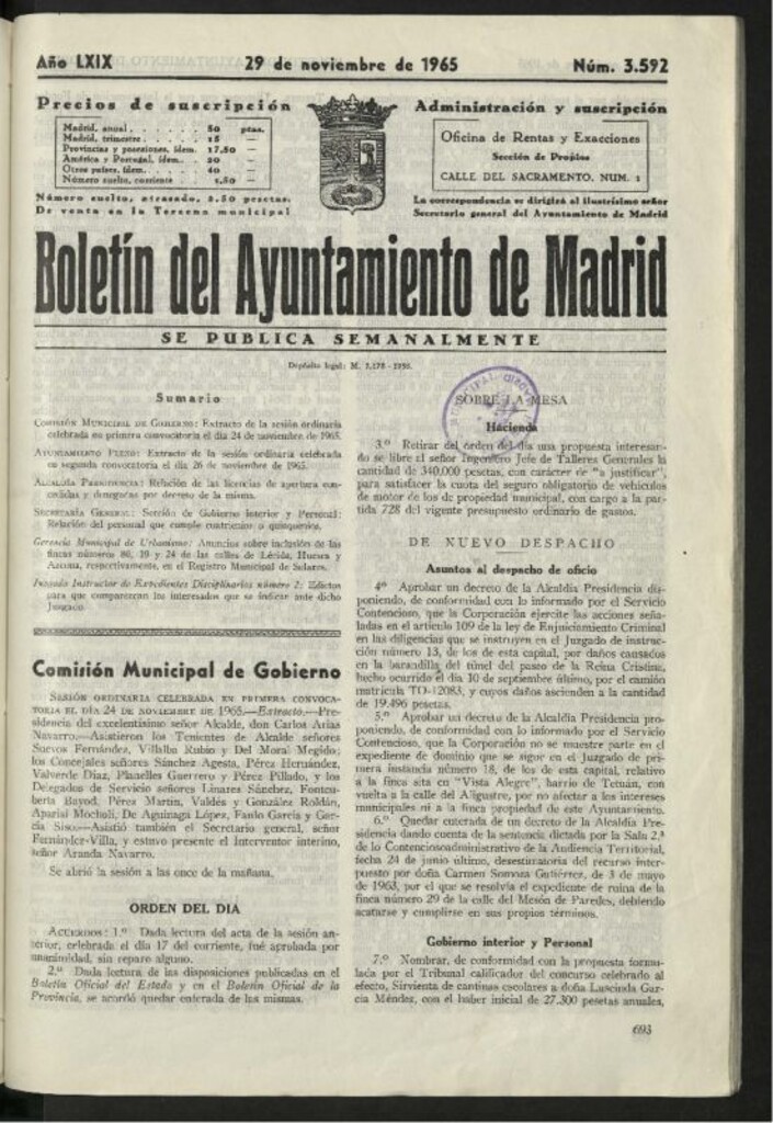 Miniatura de Boletín oficial del Ayuntamiento del 29 de noviembre de 1965, nº 3592