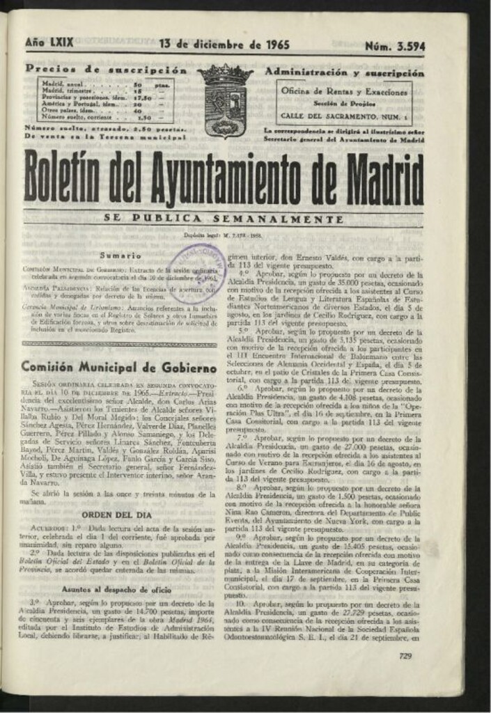 Miniatura de Boletín oficial del Ayuntamiento del 13 de diciembre de 1965, nº 3594