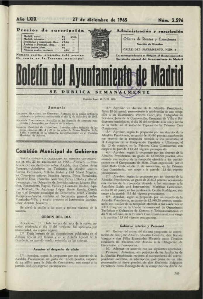 Miniatura de Boletín oficial del Ayuntamiento del 27 de diciembre de 1965, nº 3596