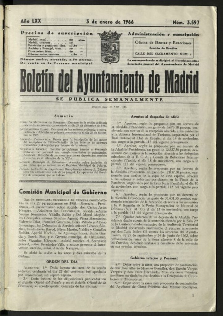 Miniatura de Boletín oficial del Ayuntamiento del 3 de enero de 1966, nº 3597