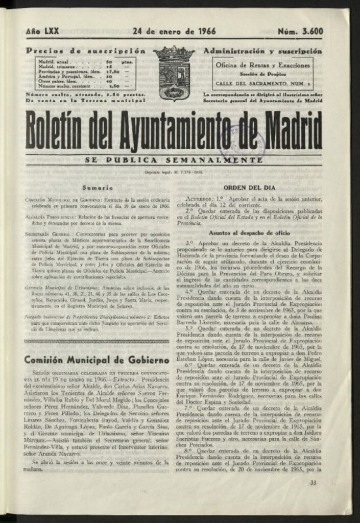 Miniatura de Boletín oficial del Ayuntamiento del 24 de enero de 1966, nº 3600