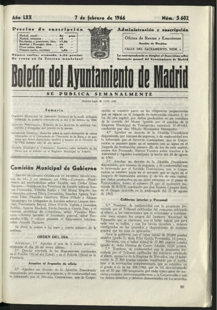 Miniatura de Boletín oficial del Ayuntamiento del 7 de febrero de 1966, nº 3602