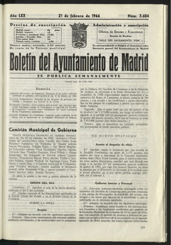 Miniatura de Boletín oficial del Ayuntamiento del 21 de febrero de 1966, nº 3604