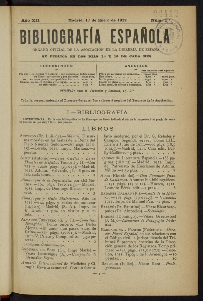 Miniatura de Bibliografía Española del 1 de enero de 1912