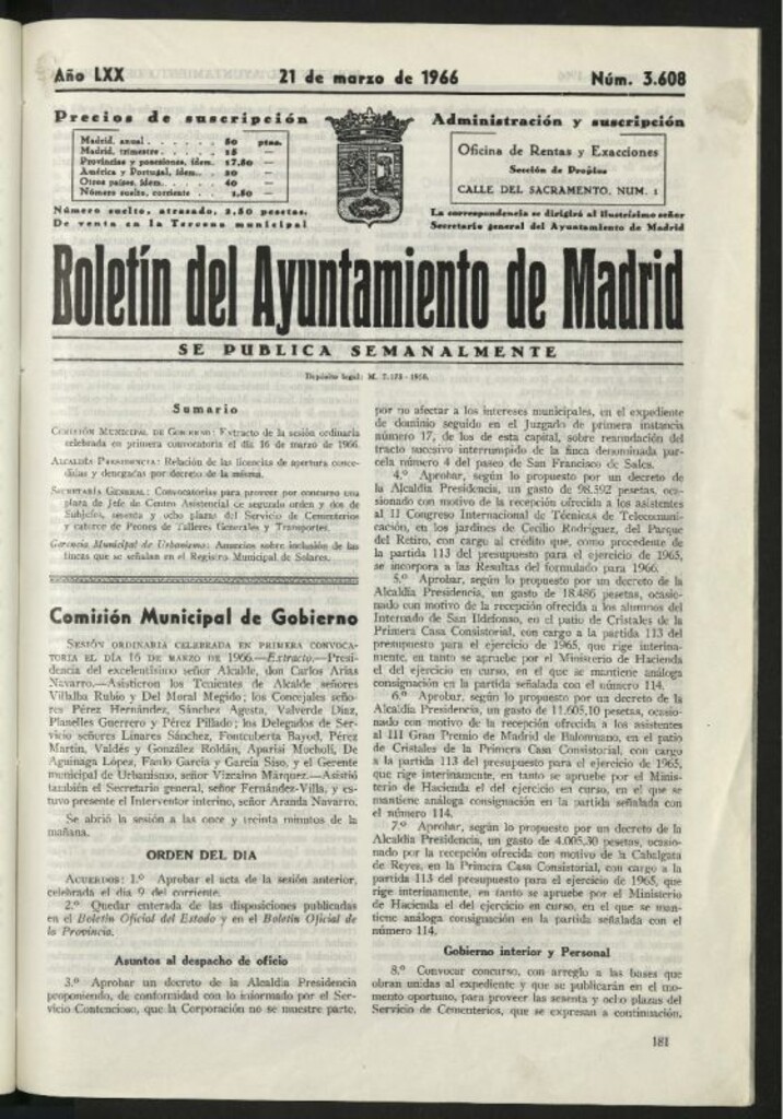 Miniatura de Boletín oficial del Ayuntamiento del 21 de marzo de 1966, nº 3608