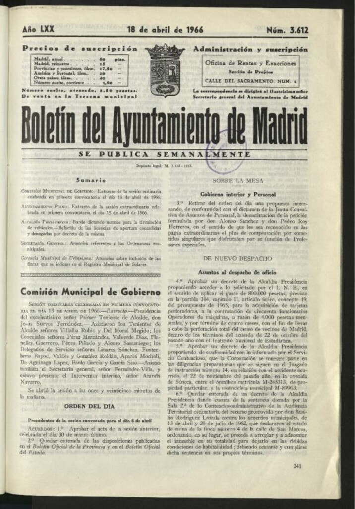 Miniatura de Boletín oficial del Ayuntamiento del 18 de abril de 1966, nº 3612
