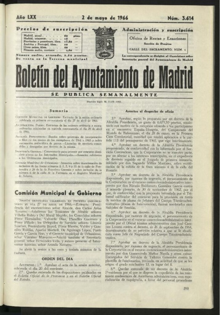 Miniatura de Boletín oficial del Ayuntamiento del 2 de mayo de 1966, nº 3614