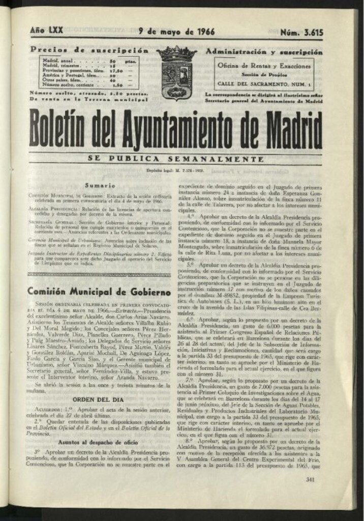 Miniatura de Boletín oficial del Ayuntamiento del 9 de mayo de 1966, nº 3615