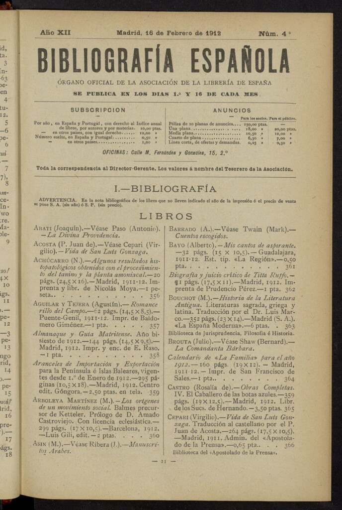 Miniatura de Bibliografía Española del 16 de febrero de 1912