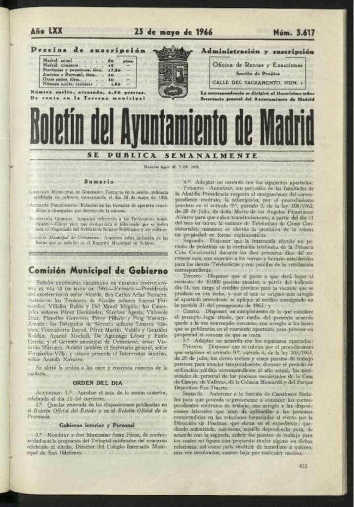 Miniatura de Boletín oficial del Ayuntamiento del 23 de mayo de 1966, nº 3617