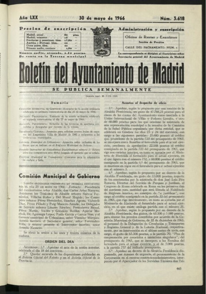 Miniatura de Boletín oficial del Ayuntamiento del 30 de mayo de 1966, nº 3618