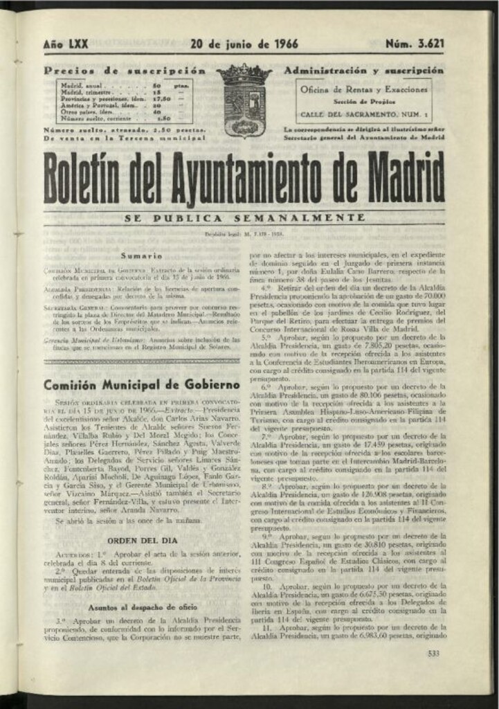 Miniatura de Boletín oficial del Ayuntamiento del 20 de junio de 1966, nº 3621