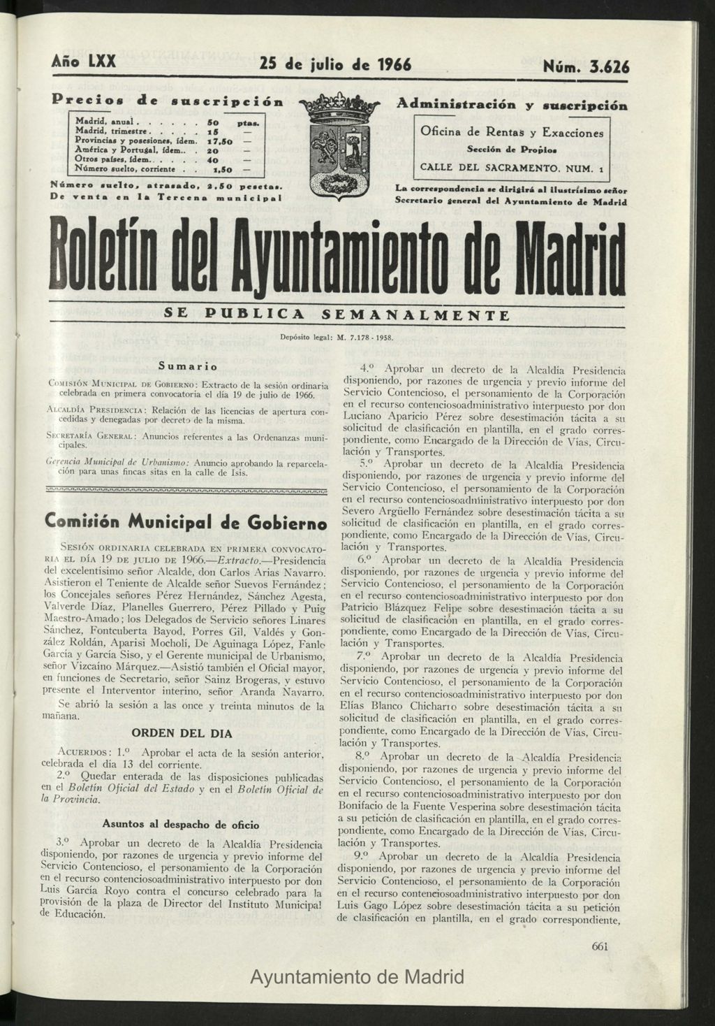 Miniatura de Boletín oficial del Ayuntamiento del 25 de julio de 1966, nº 3626