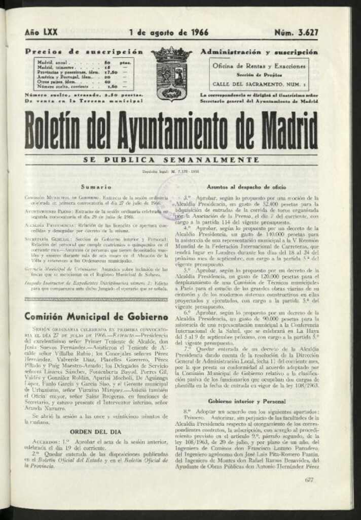 Miniatura de Boletín oficial del Ayuntamiento del 1 de agosto de 1966, nº 3627