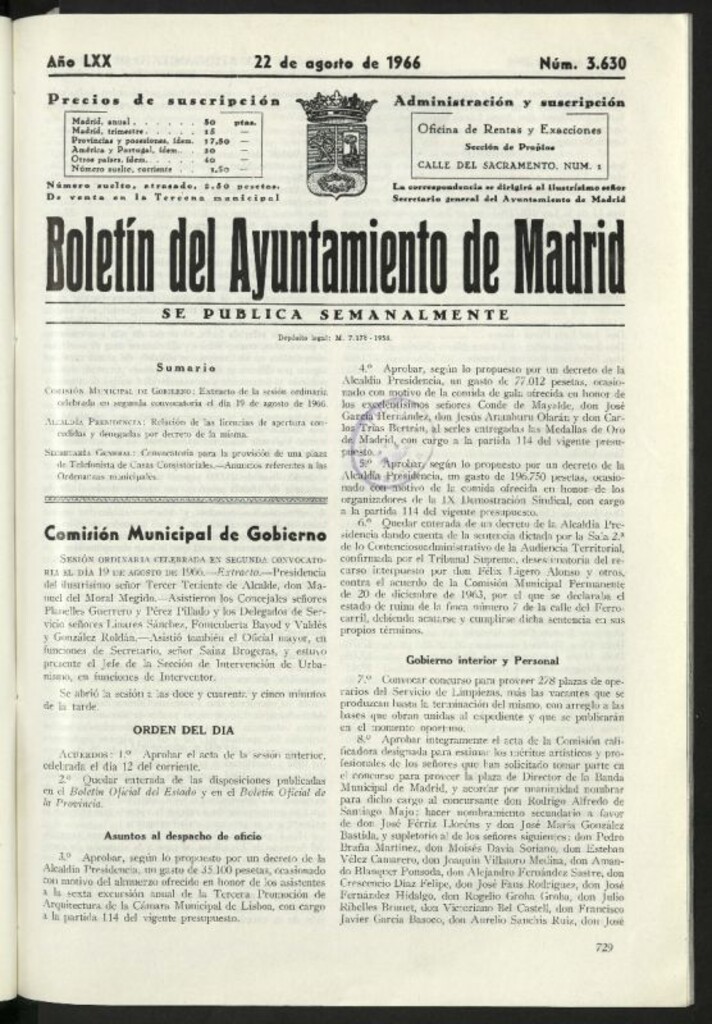 Miniatura de Boletín oficial del Ayuntamiento del 22 de agosto de 1966, nº 3630