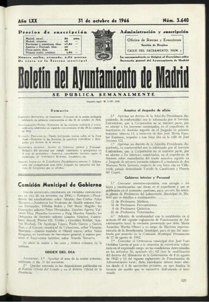 Miniatura de Boletín oficial del Ayuntamiento del 31 de octubre de 1966, nº 3640