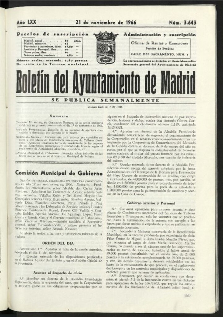 Miniatura de Boletín oficial del Ayuntamiento del 21 de noviembre de 1966, nº 3643