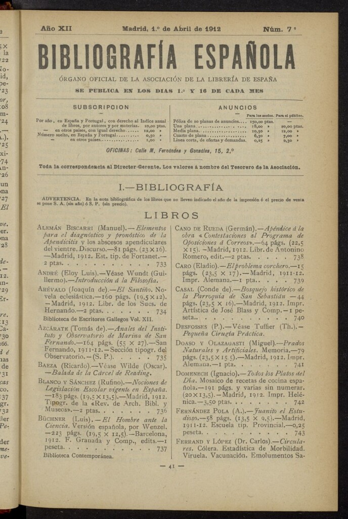 Miniatura de Bibliografía Española del 1 de abril de 1912