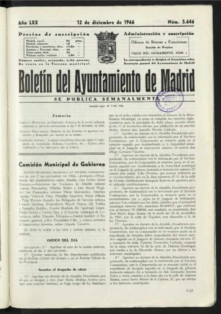 Miniatura de Boletín oficial del Ayuntamiento del 12 de diciembre de 1966, nº 3646