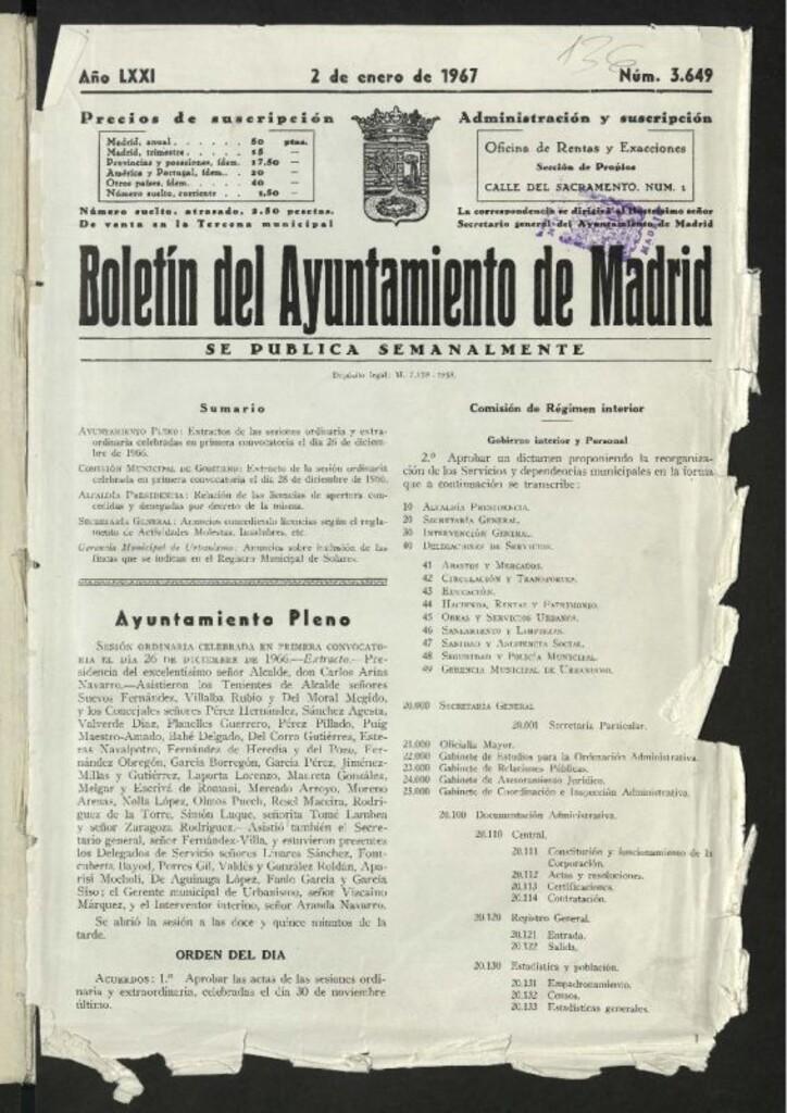Miniatura de Boletín oficial del Ayuntamiento del 2 de enero de 1967, nº 3649