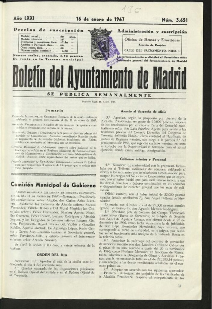 Miniatura de Boletín oficial del Ayuntamiento del 16 de enero de 1967, nº 3651