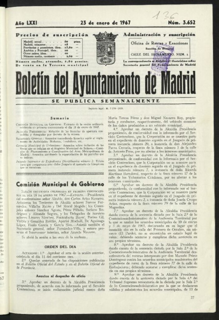 Miniatura de Boletín oficial del Ayuntamiento del 23 de enero de 1967, nº 3652