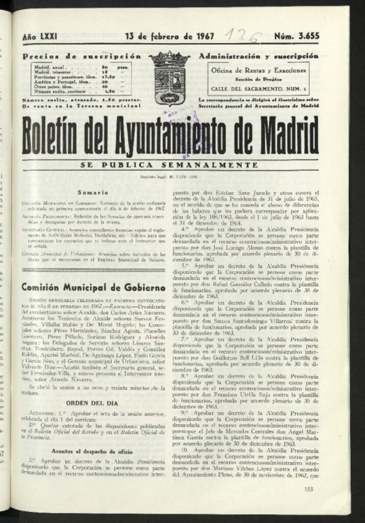 Miniatura de Boletín oficial del Ayuntamiento del 13 de febrero de 1967, nº 3655