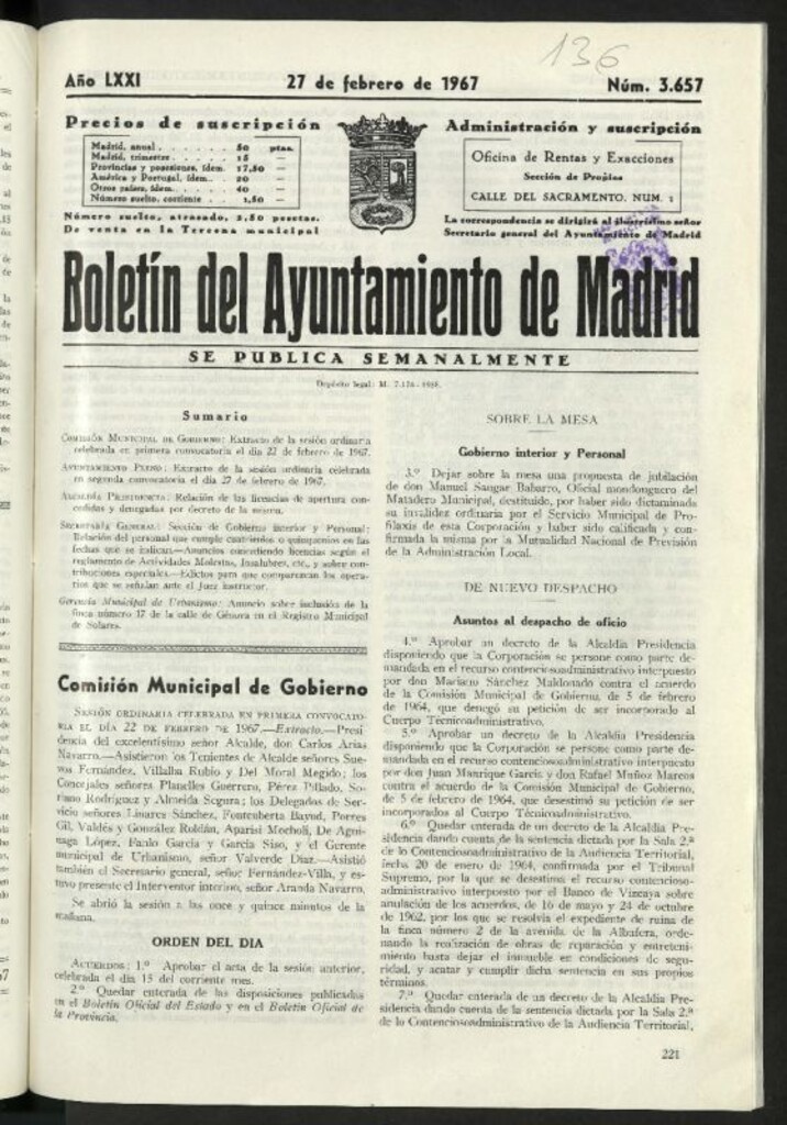 Miniatura de Boletín oficial del Ayuntamiento del 27 de febrero de 1967, nº 3657