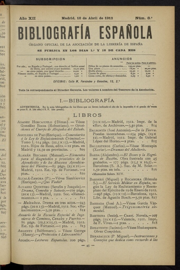 Miniatura de Bibliografía Española del 16 de abril de 1912