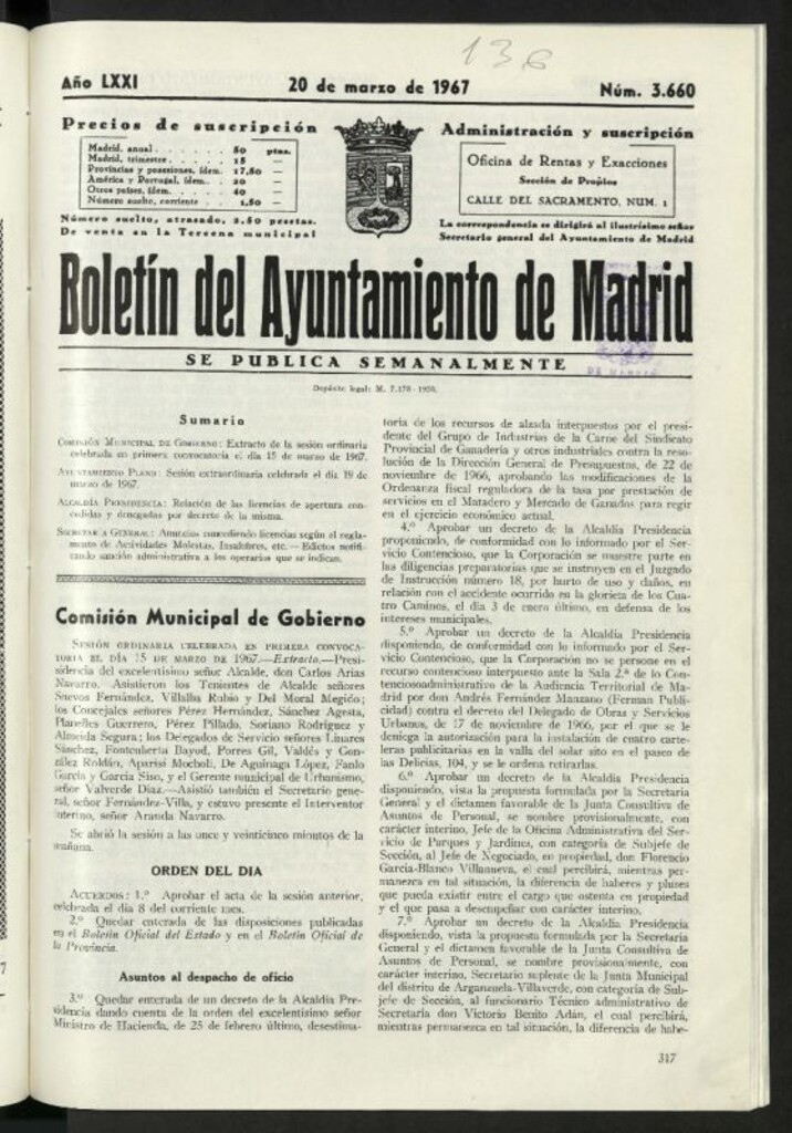 Miniatura de Boletín oficial del Ayuntamiento del 20 de marzo de 1967, nº 3660