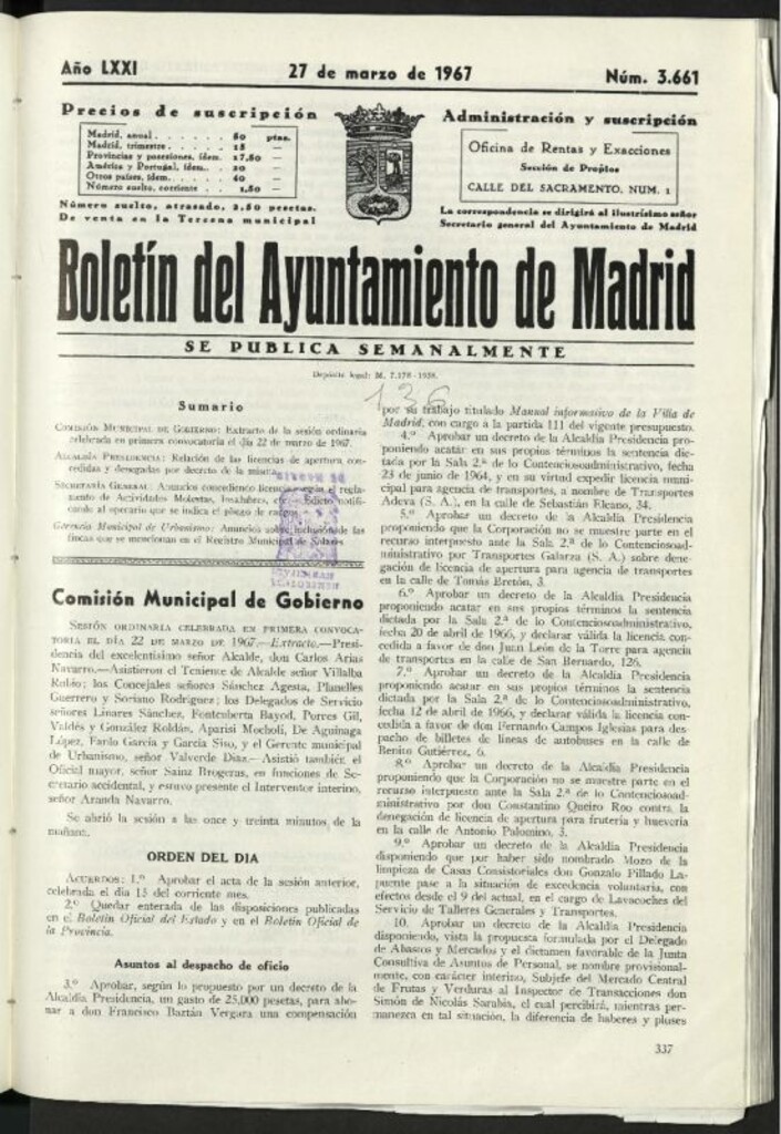 Miniatura de Boletín oficial del Ayuntamiento del 27 de marzo de 1967, nº 3661