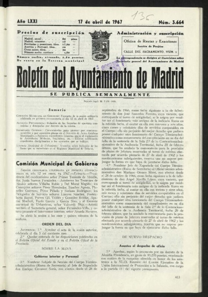Miniatura de Boletín oficial del Ayuntamiento del 17 de abril de 1967, nº 3664