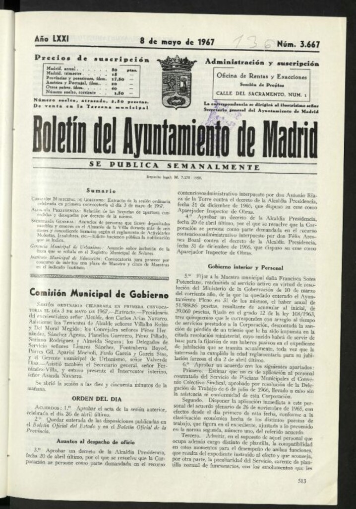 Miniatura de Boletín oficial del Ayuntamiento del 8 de mayo de 1967, nº 3667