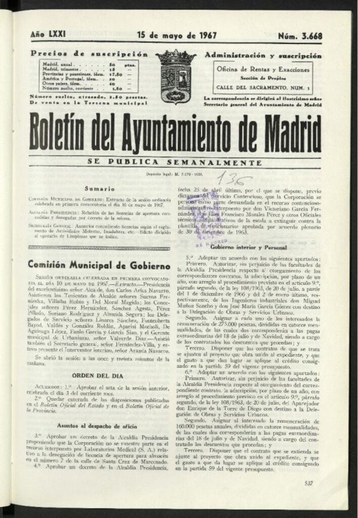 Miniatura de Boletín oficial del Ayuntamiento del 15 de mayo de 1967, nº 3668