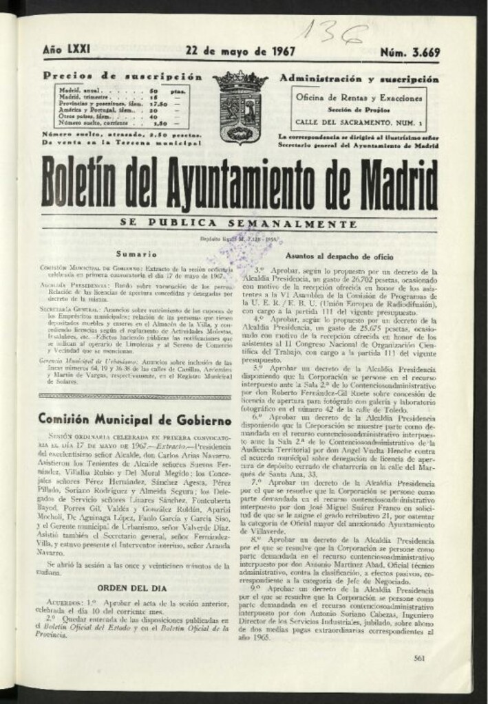 Miniatura de Boletín oficial del Ayuntamiento del 22 de mayo de 1967, nº 3669