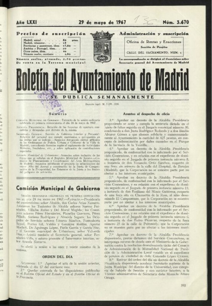 Miniatura de Boletín oficial del Ayuntamiento del 29 de mayo de 1967, nº 3670