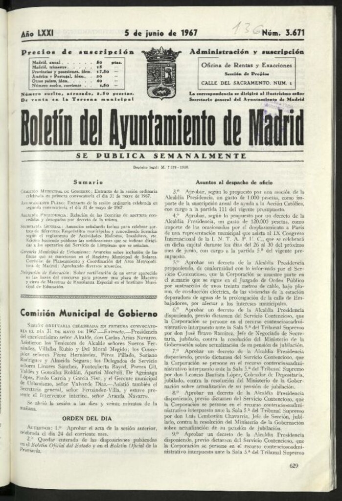 Miniatura de Boletín oficial del Ayuntamiento del 5 de junio de 1967, nº 3671