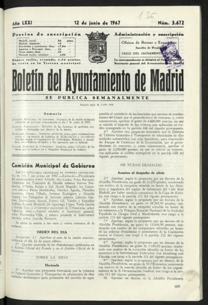 Miniatura de Boletín oficial del Ayuntamiento del 12 de junio de 1967, nº 3672
